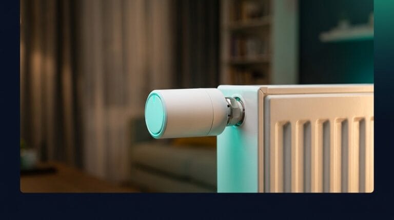 Zigbee-Heizkörperthermostat an einem Heizkörper im Wohnzimmer mit Home Assistant Dashboard auf dem Smartphone