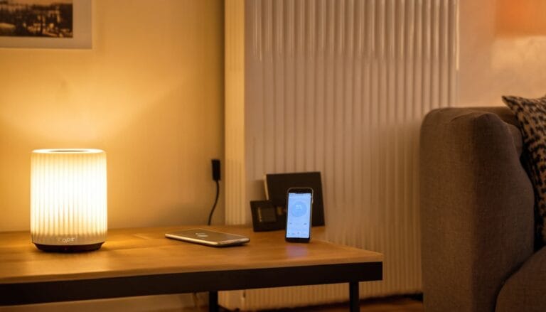 Zigbee-Heizkörperthermostat an einem Heizkörper im Wohnzimmer mit Home Assistant Dashboard auf dem Smartphone