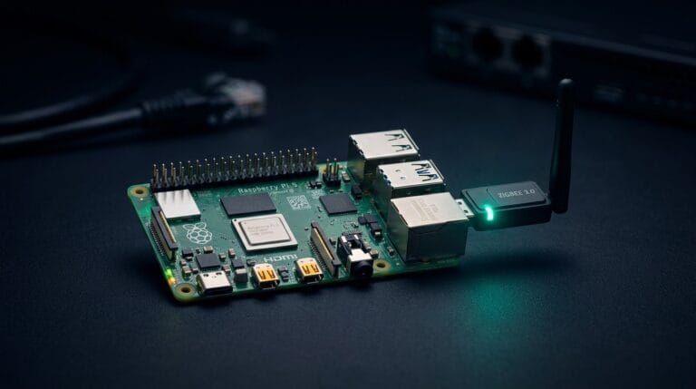 Raspberry Pi 5 auf einem Schreibtisch mit Home Assistant Dashboard auf dem Monitor