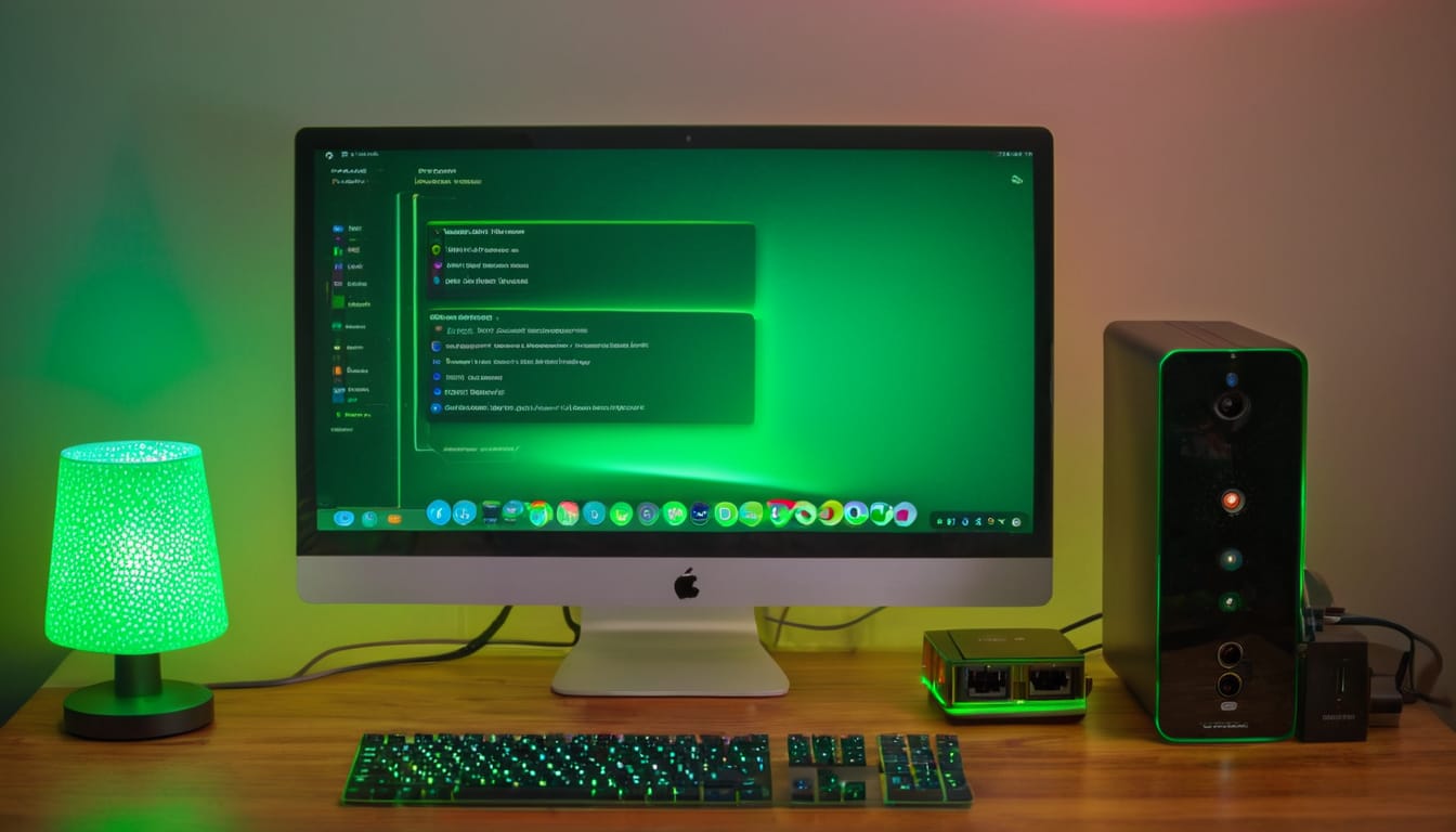Raspberry Pi 5 auf einem Schreibtisch mit Home Assistant Dashboard auf dem Monitor