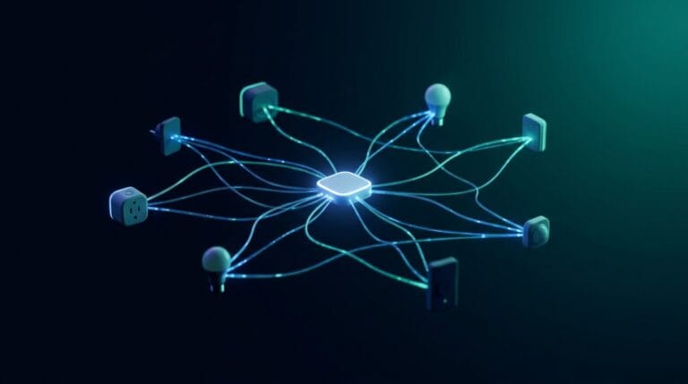 Futuristisches vernetztes Smart Home Ökosystem mit Matter und Thread Protokoll