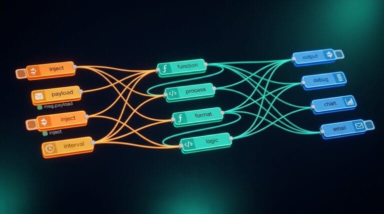 Node-RED Flowdiagramm auf einem Monitor in einem Entwickler-Arbeitsplatz