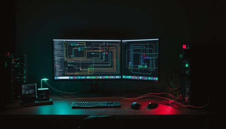 Node-RED Flowdiagramm auf einem Monitor in einem Entwickler-Arbeitsplatz