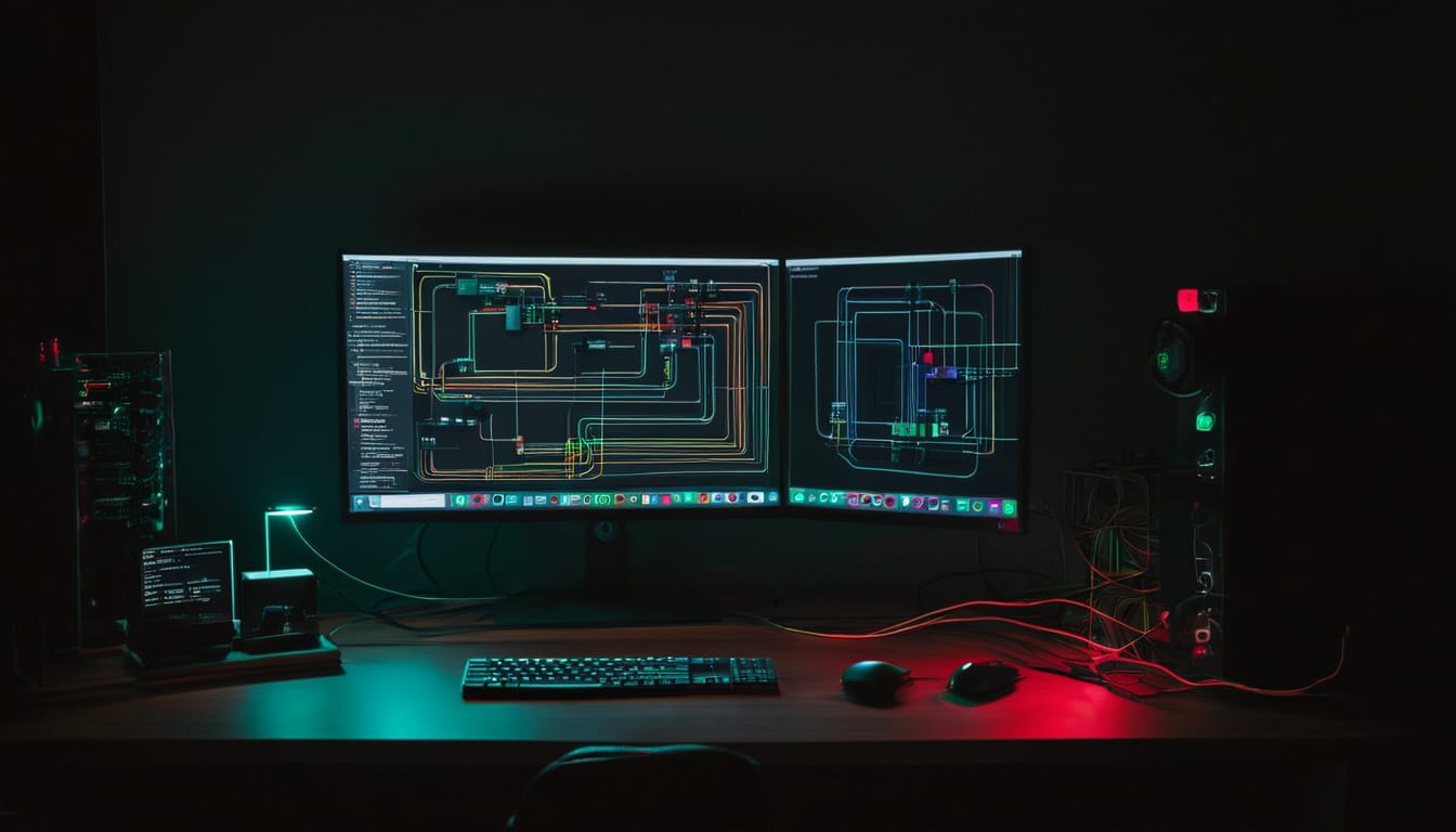 Node-RED Flowdiagramm auf einem Monitor in einem Entwickler-Arbeitsplatz