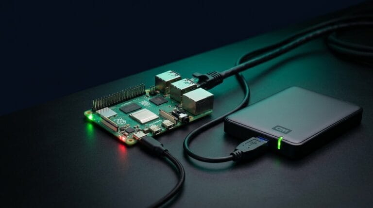 Raspberry Pi Home Server mit Festplatten und NAS-Setup auf einem Schreibtisch