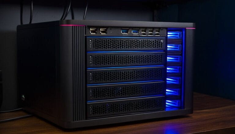 Raspberry Pi Home Server mit Festplatten und NAS-Setup auf einem Schreibtisch