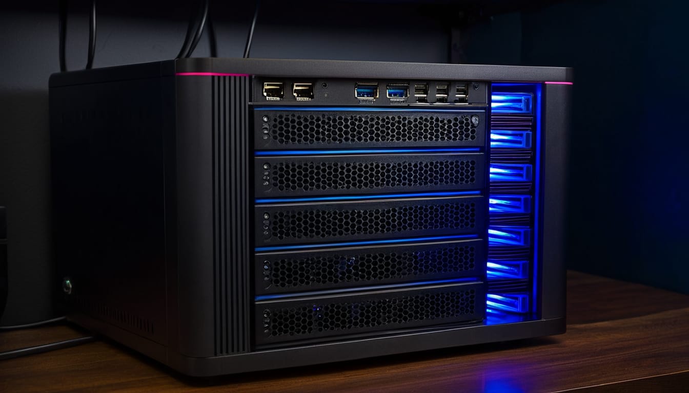 Raspberry Pi Home Server mit Festplatten und NAS-Setup auf einem Schreibtisch