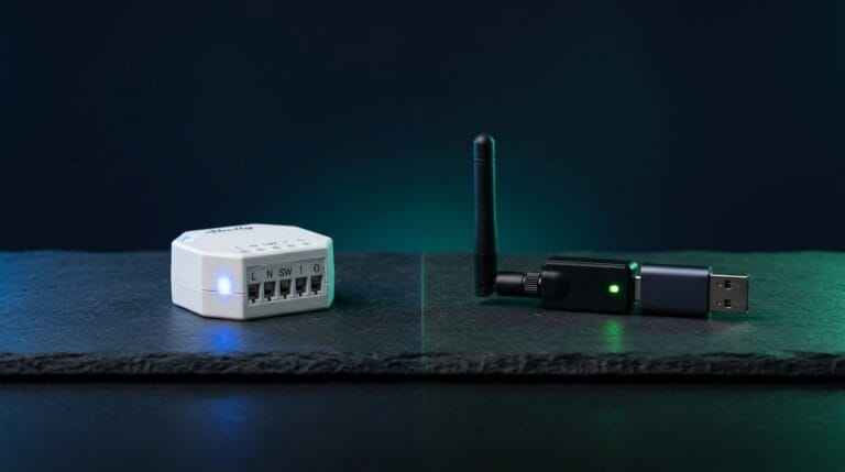 Shelly WiFi Smart Plug und Zigbee Coordinator auf einem Schreibtisch im Vergleich