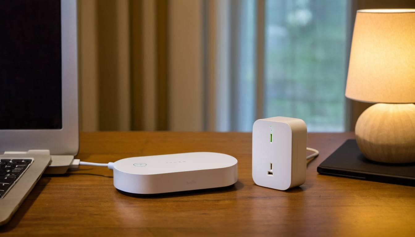 Shelly WiFi Smart Plug und Zigbee Coordinator auf einem Schreibtisch im Vergleich