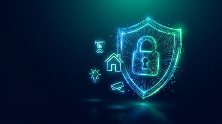 Smart Home Cybersicherheit – digitaler Schutzschild über vernetztem Haus