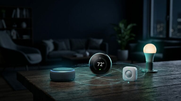 Modernes Smart Home Wohnzimmer mit smarten Geräten und Smartphone-Steuerung