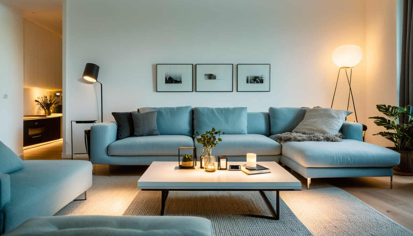 Modernes Smart Home Wohnzimmer mit smarten Geräten und Smartphone-Steuerung