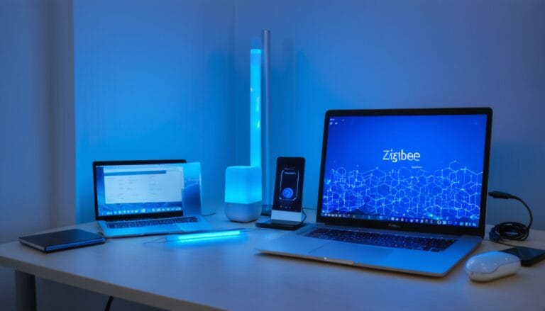 Zigbee USB-Coordinator und Smart Home Sensoren auf einem Schreibtisch