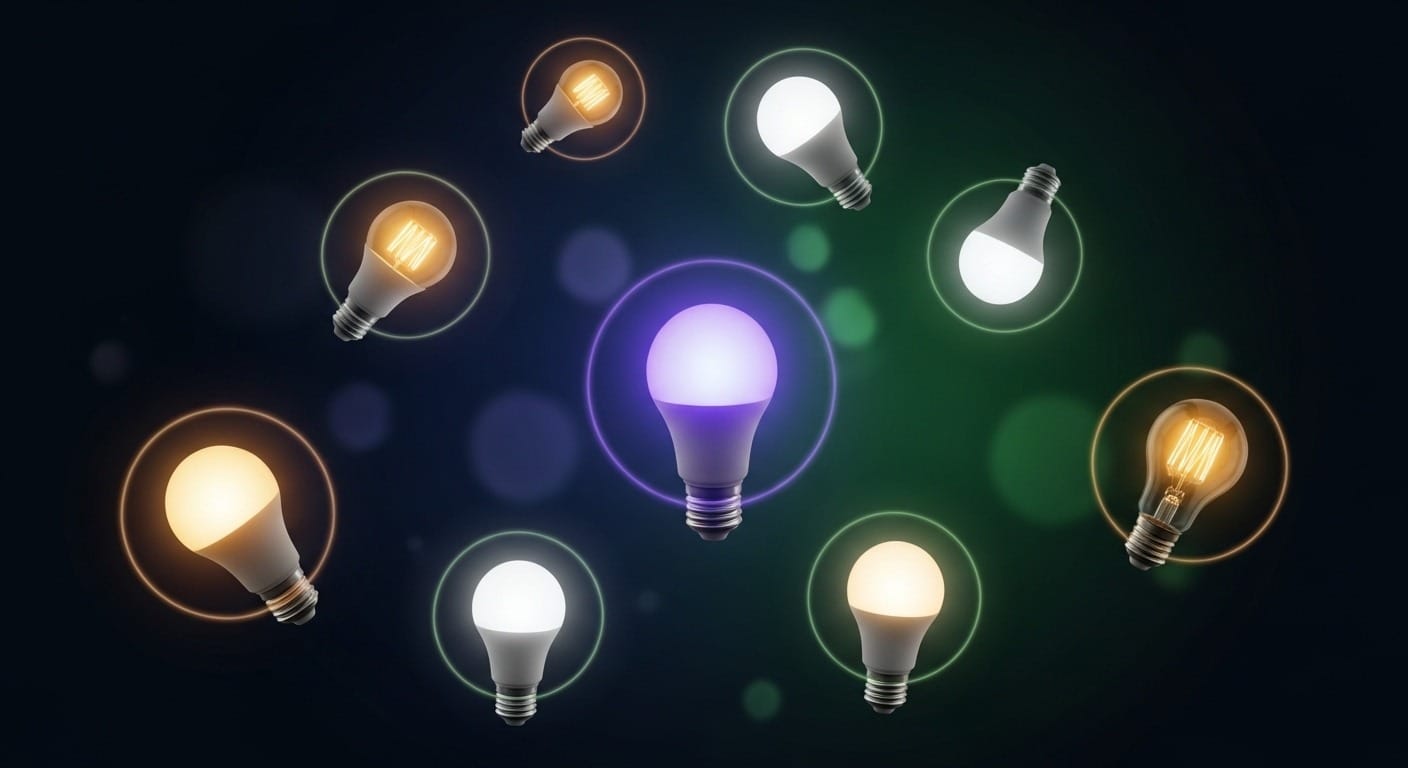 Verschiedene Zigbee-Lampen von IKEA, Philips Hue und Innr nebeneinander mit Home Assistant Logo